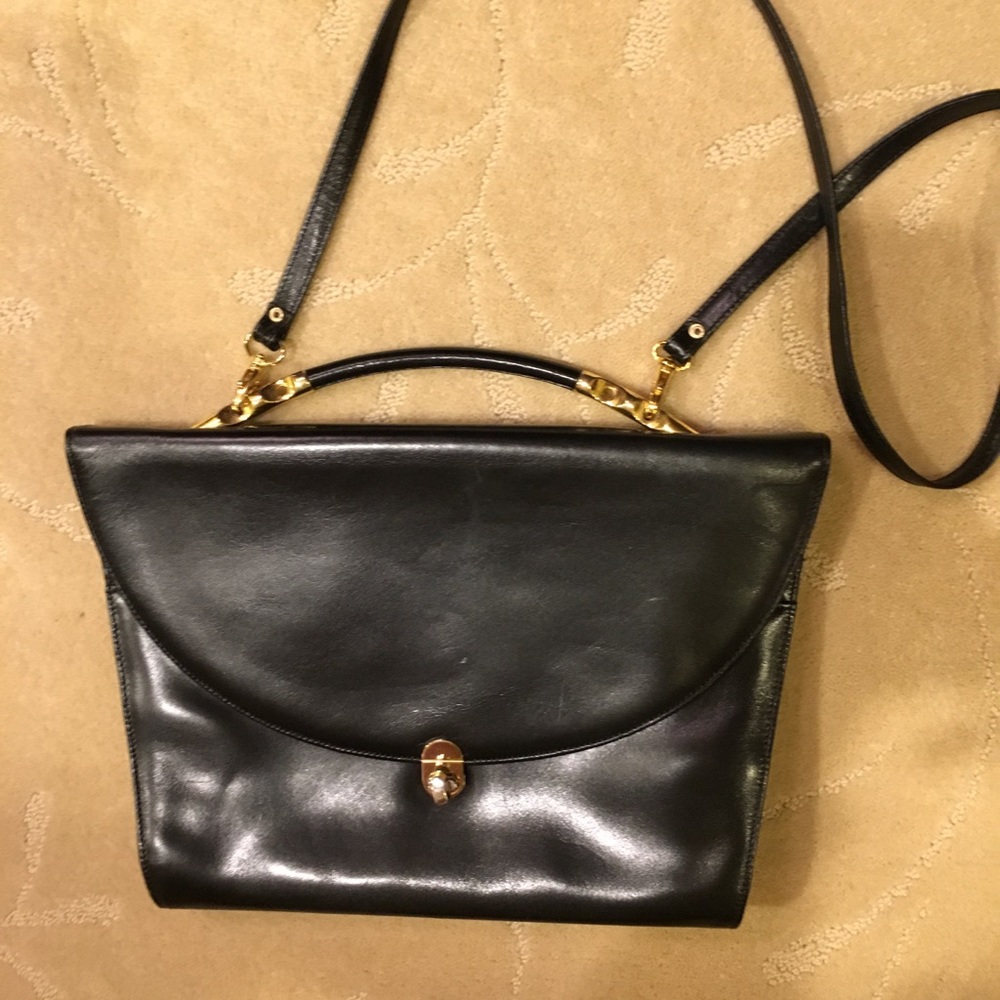 Vintage Chic Black Leather Purse or Computer Bag